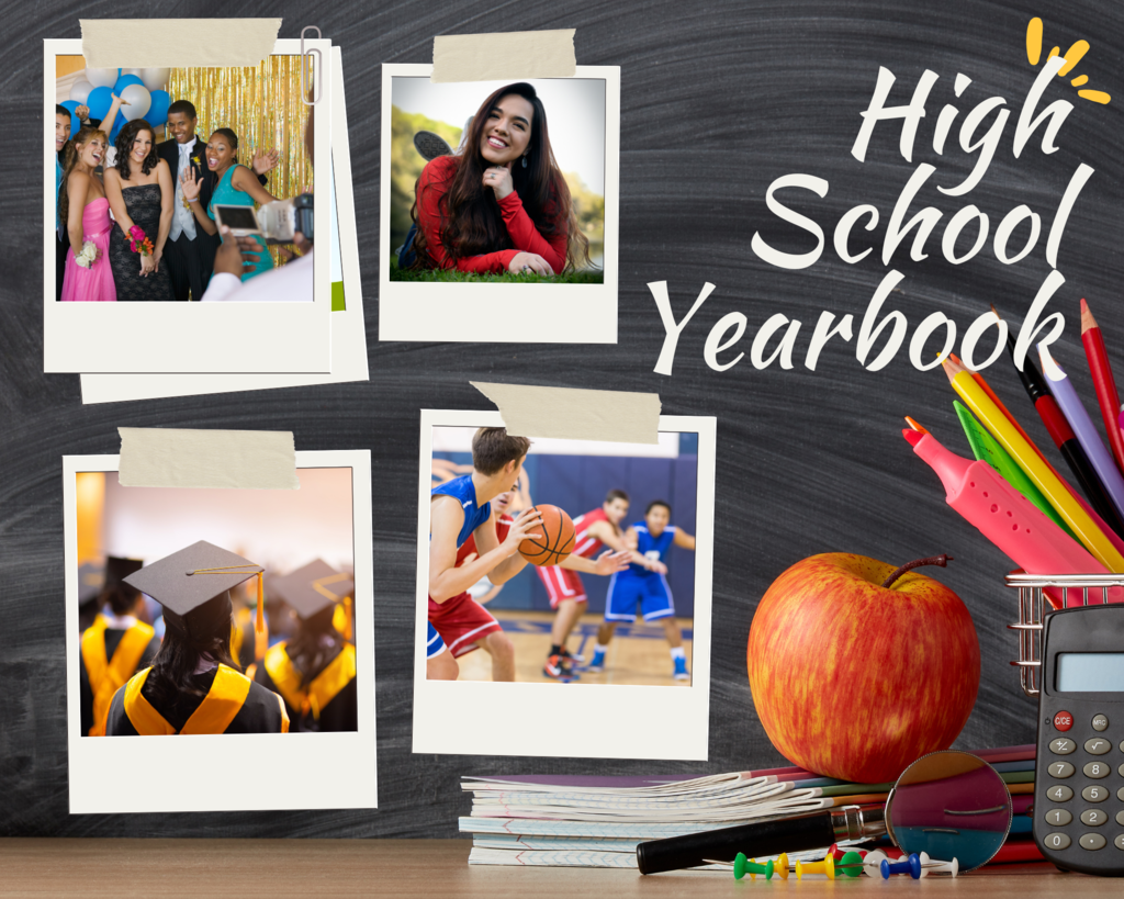 high school yearbook in white lettering with photos and school supplies on the background
