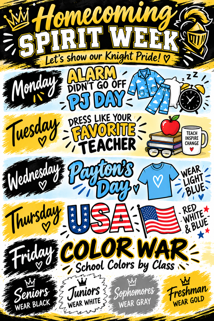 Homecoming Spirit week flyer with days of week and what to wear