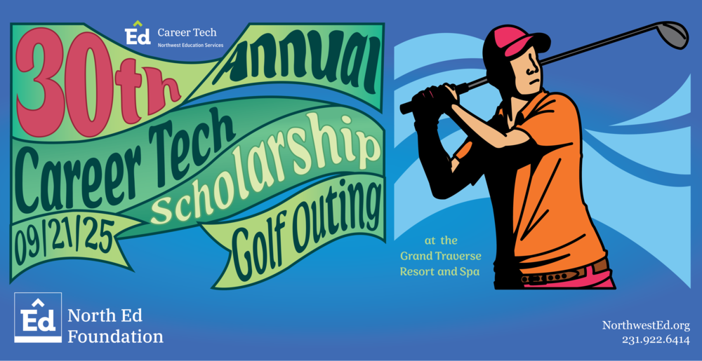Poster design for 30th annual Career Tech Scholarship Golf Outing. 9/21/25. Graphic design of golfer with orange shirt, red hat posing in front of blue background.