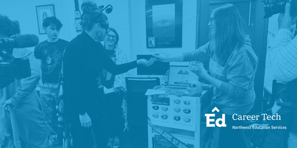 Image of the Health Sciences program's fundraiser, playing Beanboozled with the Business Careers instructor, with a blue overlay and Northwest Education Services Career Tech logo.