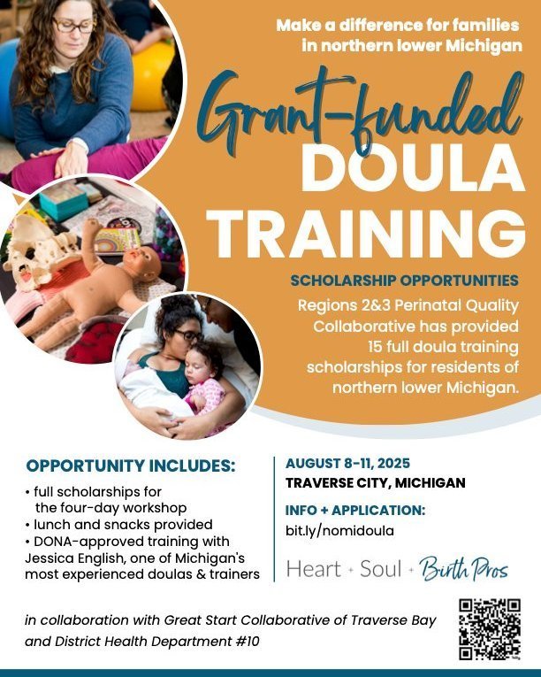 Grant-funded Doula Training opportunities for individuals interested in becoming certified to support birthing parents. Classes run from August 8-11, 2025. For more information go to bit.ly/nomidoula