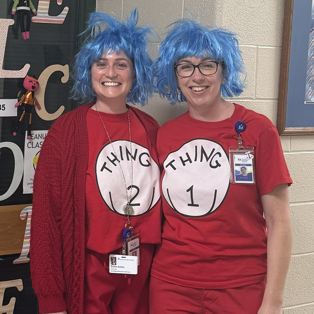 North Ed Career Tech Health Sciences instructors dressed as Thing 1 and Thing 2