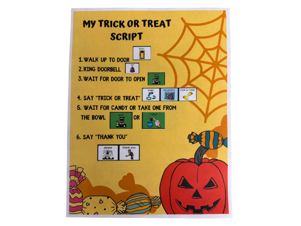Image of a trick-or-treat script to help students. Script reads: Walk up to door. Ring doorbell. Wait for door to open. Say Trick or Treat. Wait for candy or take one from the bowl. Say thank you.