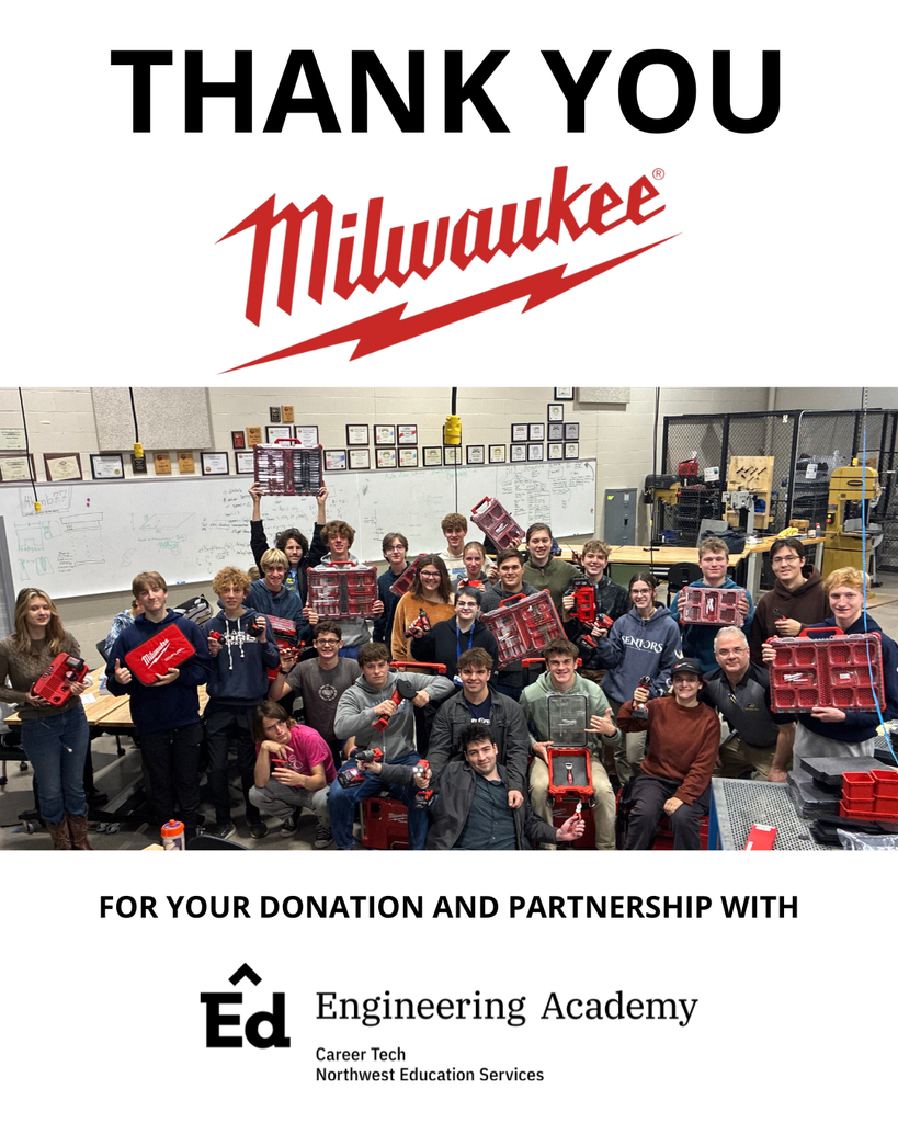 A large group of high school students and their instructor pose together in a classroom or workshop, holding Milwaukee Tool products such as toolboxes and drills. The text above them reads “THANK YOU Milwaukee” in large letters, and below the photo it says, “FOR YOUR DONATION AND PARTNERSHIP WITH Ed Engineering Academy, Career Tech, Northwest Education Services.” The students are smiling, showing appreciation for the donation, and the background includes whiteboards, tables, and industrial equipment.