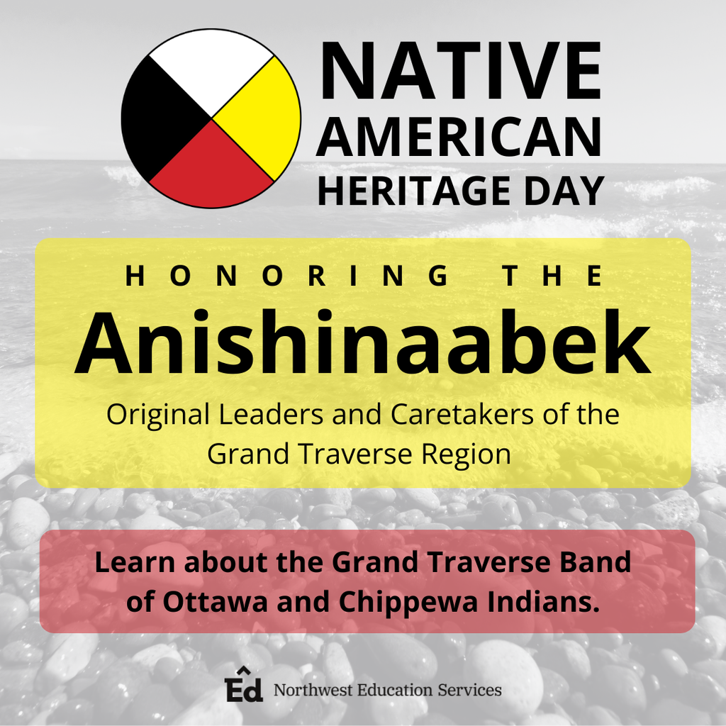 A graphic for Native American Heritage Day featuring a circular medicine wheel symbol and large text that reads “Honoring the Anishinaabek.” Additional text highlights the Grand Traverse Band of Ottawa and Chippewa Indians. The background shows a grayscale shoreline with waves and stones. The Northwest Education Services logo appears at the bottom center.