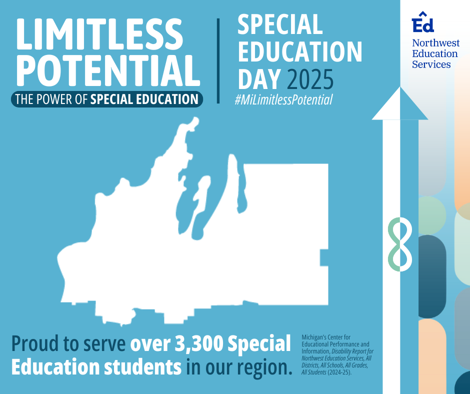 Limitless Potential: The Power of Special Education. Special Education Day. #MiLimitlessPotential. Northwest Education Services. Proud to serve over 3,300 Special Education students in our region. Michigan’s Center for Educational Performance and Information, Disability Report for Northwest Education Services, All Districts, All Schools, All Grades, All Students (2024-25).