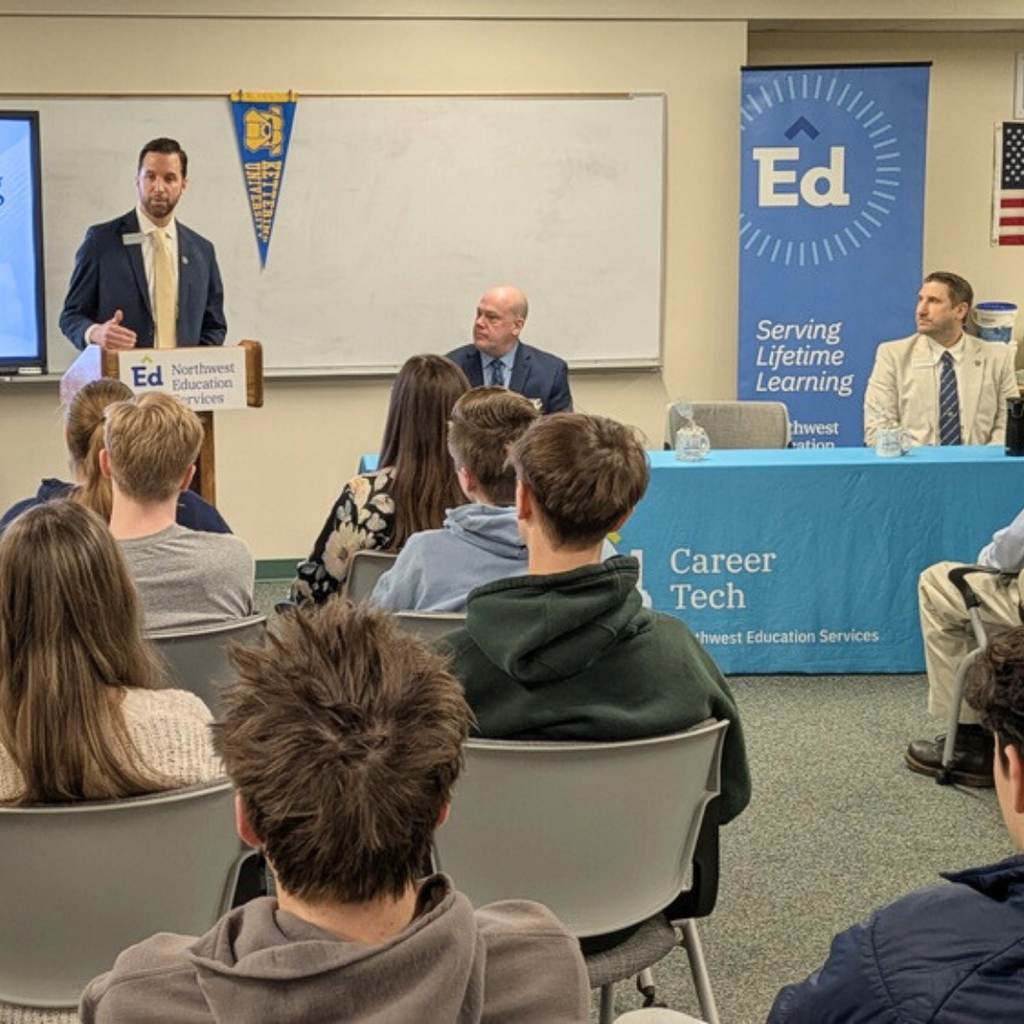 Dr. Rob Kniss, Matt Fortescue and Pat Lamb speaking before North Ed Career Tech students.
