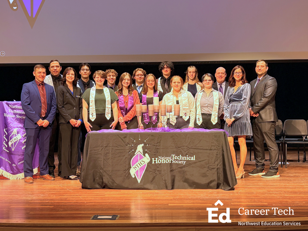 North Ed Career Tech’s National Technical Honor Society Officers pose with Matt Griesigner, Matt Nausadis, Chris Haines and North Ed Superintendent Dr. Tara Mager at the 2026 Spring Induction ceremony. Northwest Education Services Career Tech.