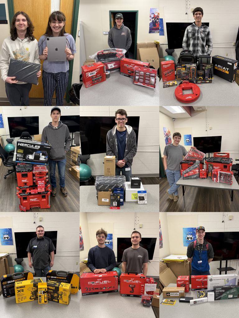 Collage of nine photos of Career Tech students posing with their equipment provided by the North Ed Foundation Tools of the Trade Fund.