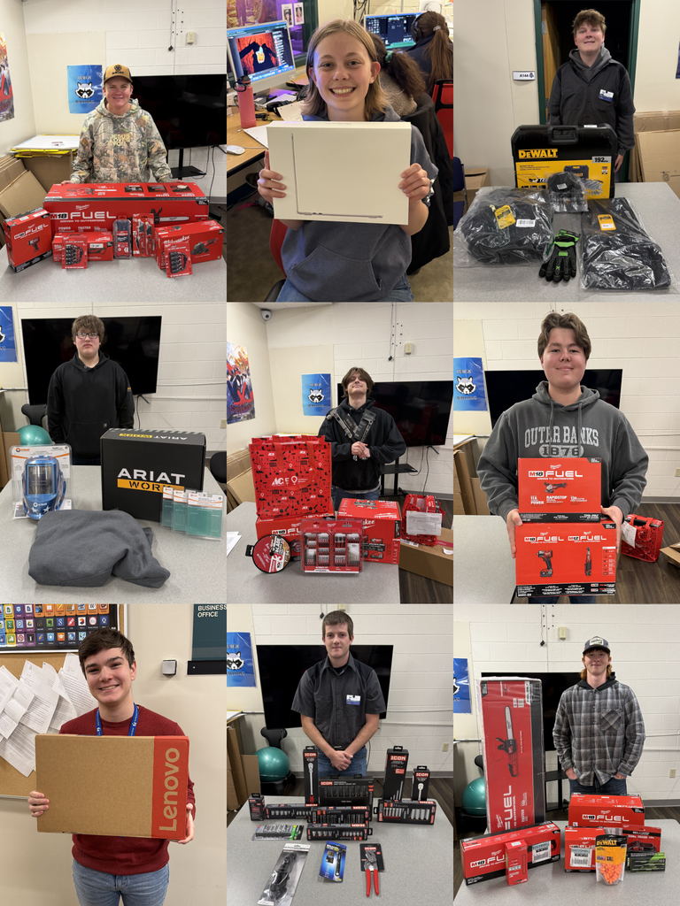 Collage of nine photos of Career Tech students posing with their equipment provided by the North Ed Foundation Tools of the Trade Fund.