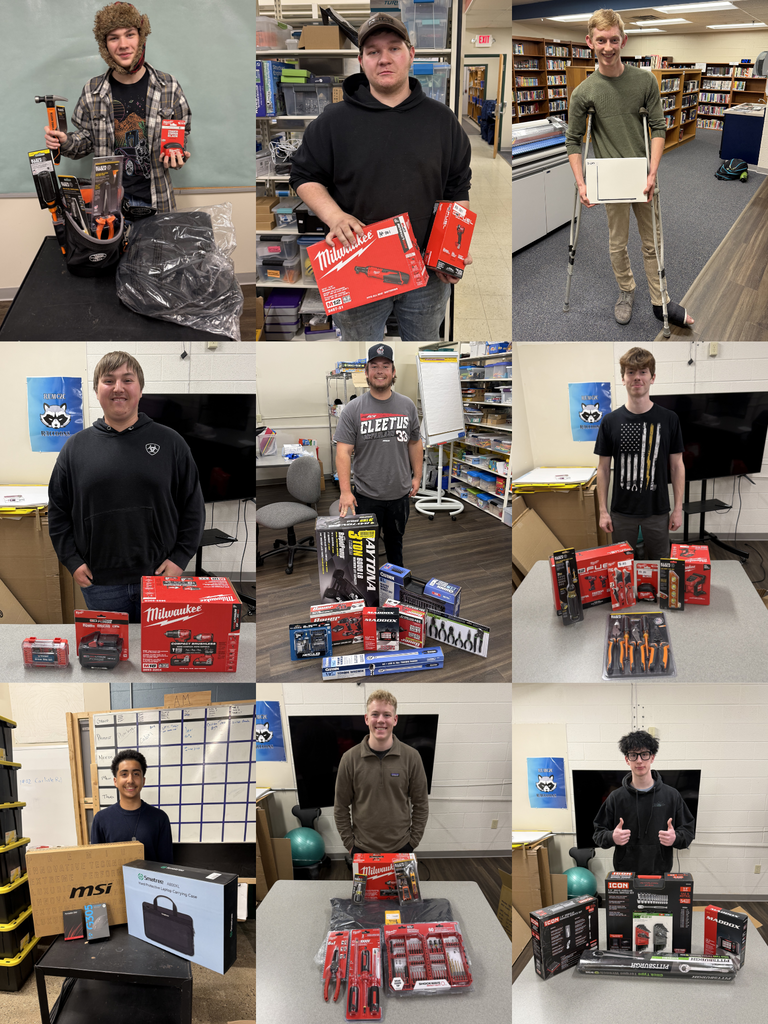 Collage of nine photos of Career Tech students posing with their equipment provided by the North Ed Foundation Tools of the Trade Fund.