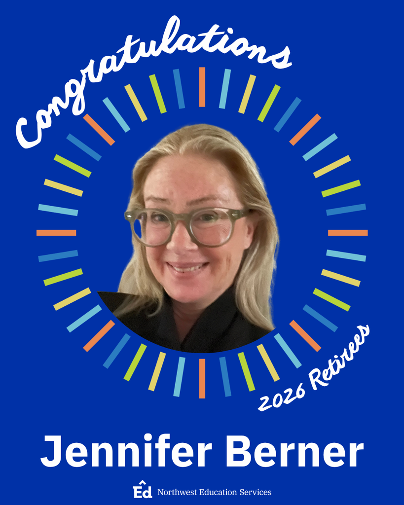 Portrait of Jennifer Berner positioned inside a circular frame bordered by rectangular notches in shades of blue, green, yellow, and orange on a solid, dark blue background. “Congratulations” and “2026 Retirees” are written in curved script around the frame. “Jennifer Berner” is written in bold, white font underneath the portrait with the Northwest Education Services logo at the bottom. 