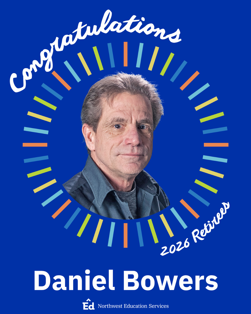 Portrait of Daniel Bowers positioned inside a circular frame bordered by rectangular notches in shades of blue, green, yellow, and orange on a solid, dark blue background. “Congratulations” and “2026 Retirees” are written in curved script around the frame. “Daniel Bowers” is written in bold, white font underneath the portrait with the Northwest Education Services logo at the bottom.