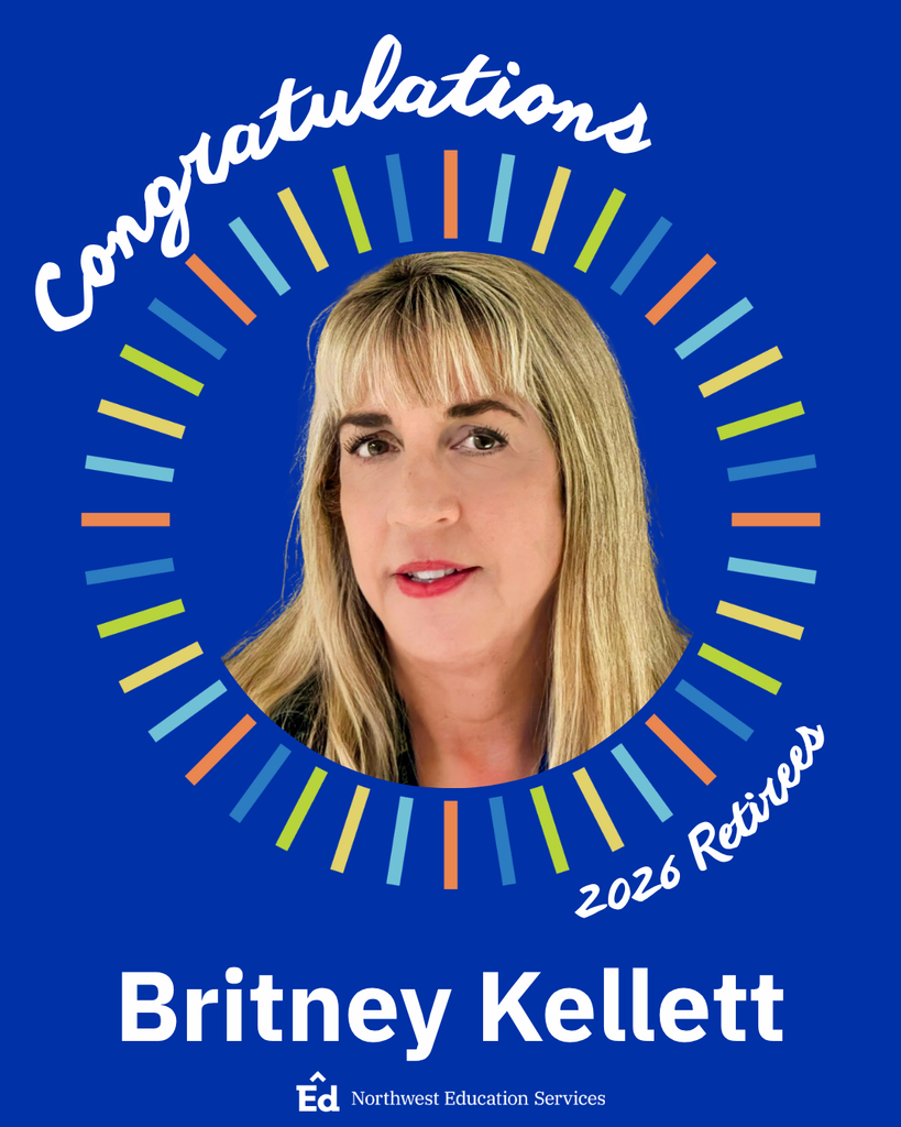 Portrait of Britney Kellett positioned inside a circular frame bordered by rectangular notches in shades of blue, green, yellow, and orange on a solid, dark blue background. “Congratulations” and “2026 Retirees” are written in curved script around the frame. “Britney Kellett” is written in bold, white font underneath the portrait with the Northwest Education Services logo at the bottom. 
