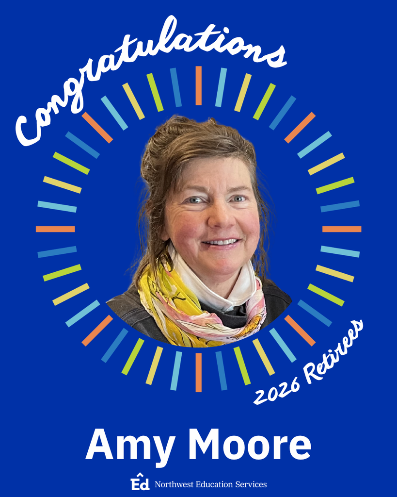 Portrait of Amy Moore positioned inside a circular frame bordered by rectangular notches in shades of blue, green, yellow, and orange on a solid, dark blue background. “Congratulations” and “2026 Retirees” are written in curved script around the frame. “Amy Moore” is written in bold, white font underneath the portrait with the Northwest Education Services logo at the bottom. 