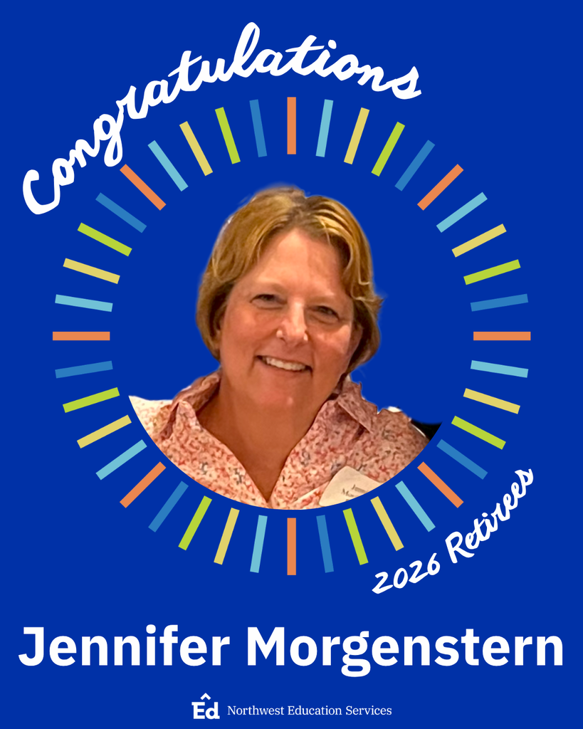 Portrait of Jennifer Morgenstern positioned inside a circular frame bordered by rectangular notches in shades of blue, green, yellow, and orange on a solid, dark blue background. “Congratulations” and “2026 Retirees” are written in curved script around the frame. “Jennifer Morgenstern” is written in bold, white font underneath the portrait with the Northwest Education Services logo at the bottom. 