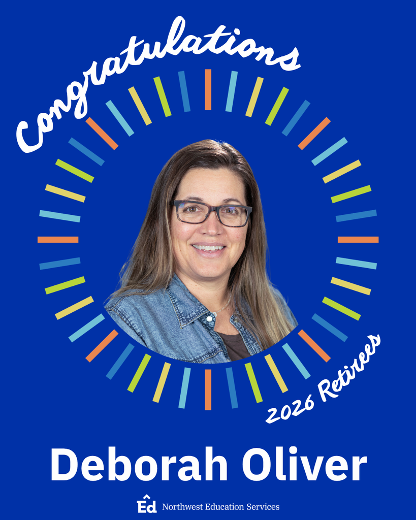 Portrait of Deborah Oliver positioned inside a circular frame bordered by rectangular notches in shades of blue, green, yellow, and orange on a solid, dark blue background. “Congratulations” and “2026 Retirees” are written in curved script around the frame. “Deborah Oliver” is written in bold, white font underneath the portrait with the Northwest Education Services logo at the bottom. 