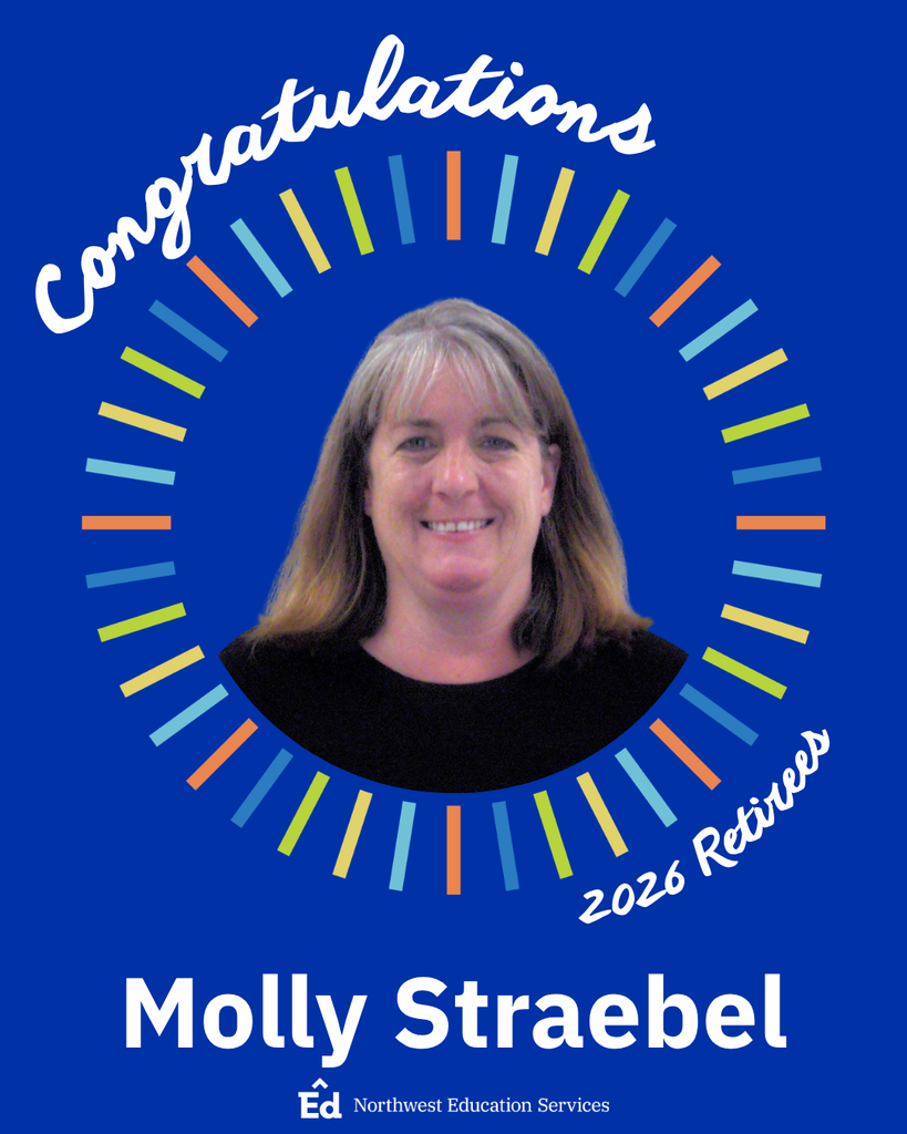 Portrait of Molly Straebel positioned inside a circular frame bordered by rectangular notches in shades of blue, green, yellow, and orange on a solid, dark blue background. “Congratulations” and “2026 Retirees” are written in curved script around the frame. “Molly Straebel” is written in bold, white font underneath the portrait with the Northwest Education Services logo at the bottom. 