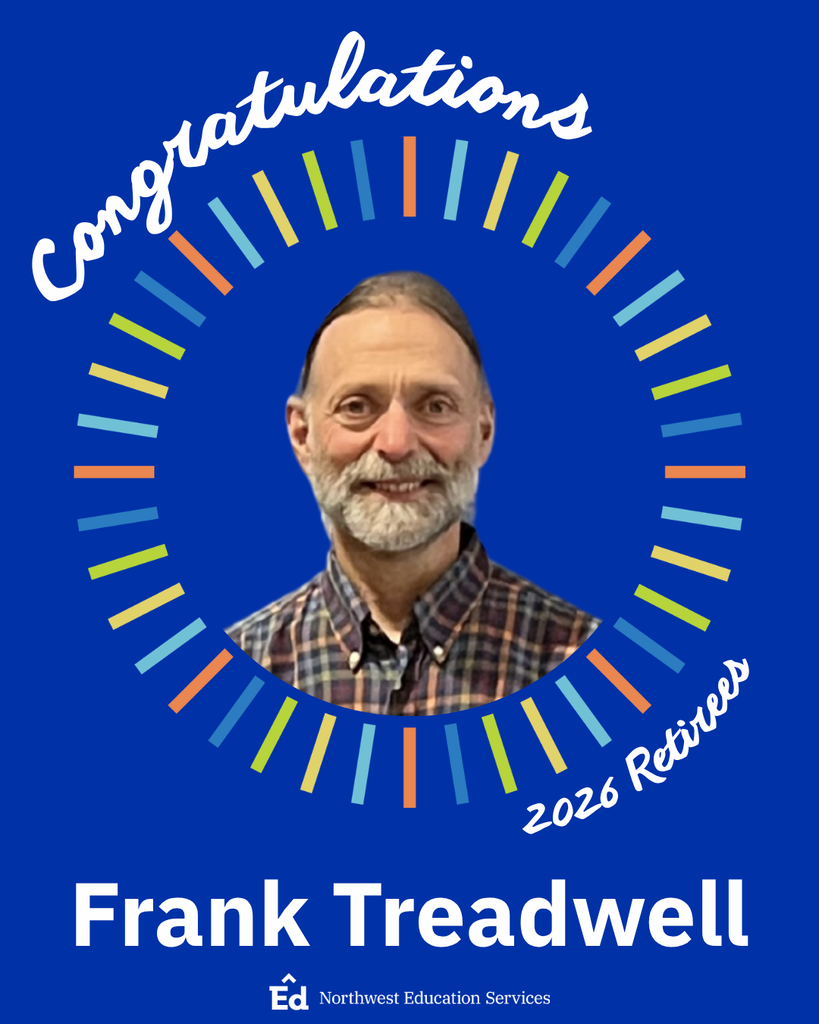 Portrait of Frank Treadwell positioned inside a circular frame bordered by rectangular notches in shades of blue, green, yellow, and orange on a solid, dark blue background. “Congratulations” and “2026 Retirees” are written in curved script around the frame. “Frank Treadwell” is written in bold, white font underneath the portrait with the Northwest Education Services logo at the bottom.