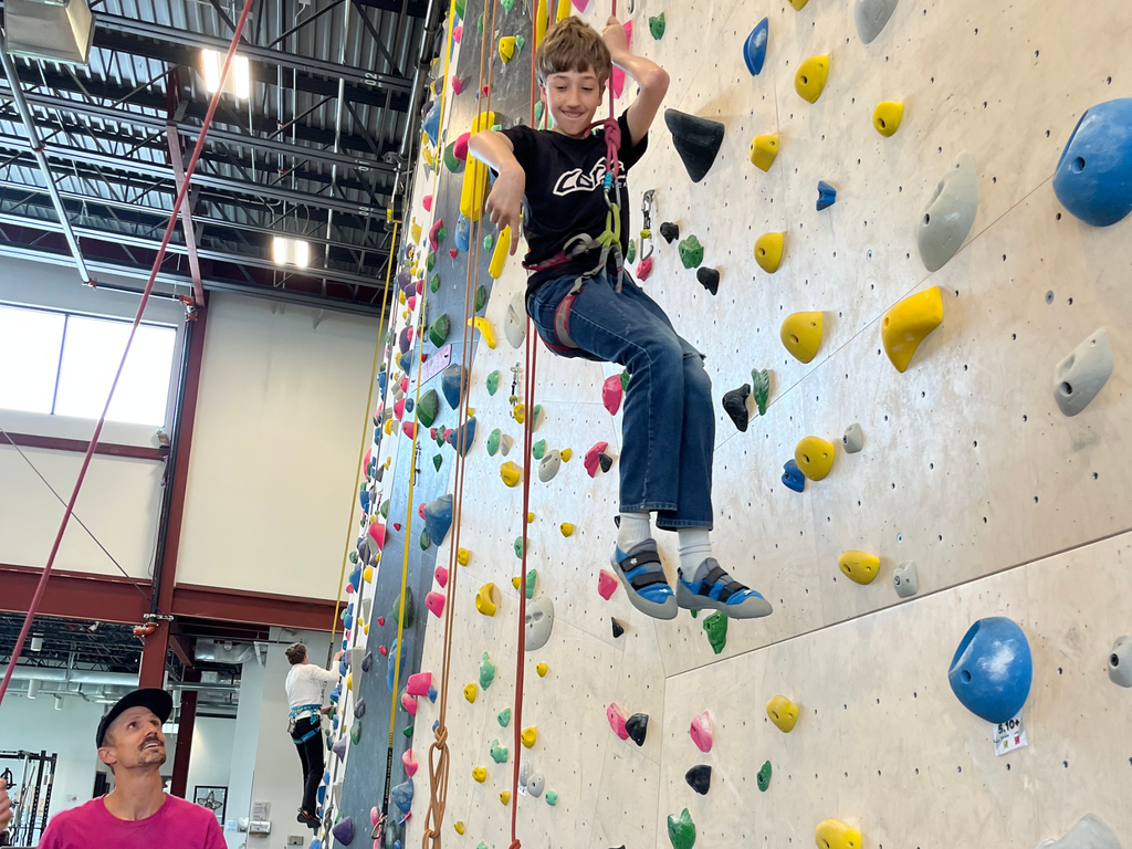 Student high up in the air on an indoor rock climbing wall. 