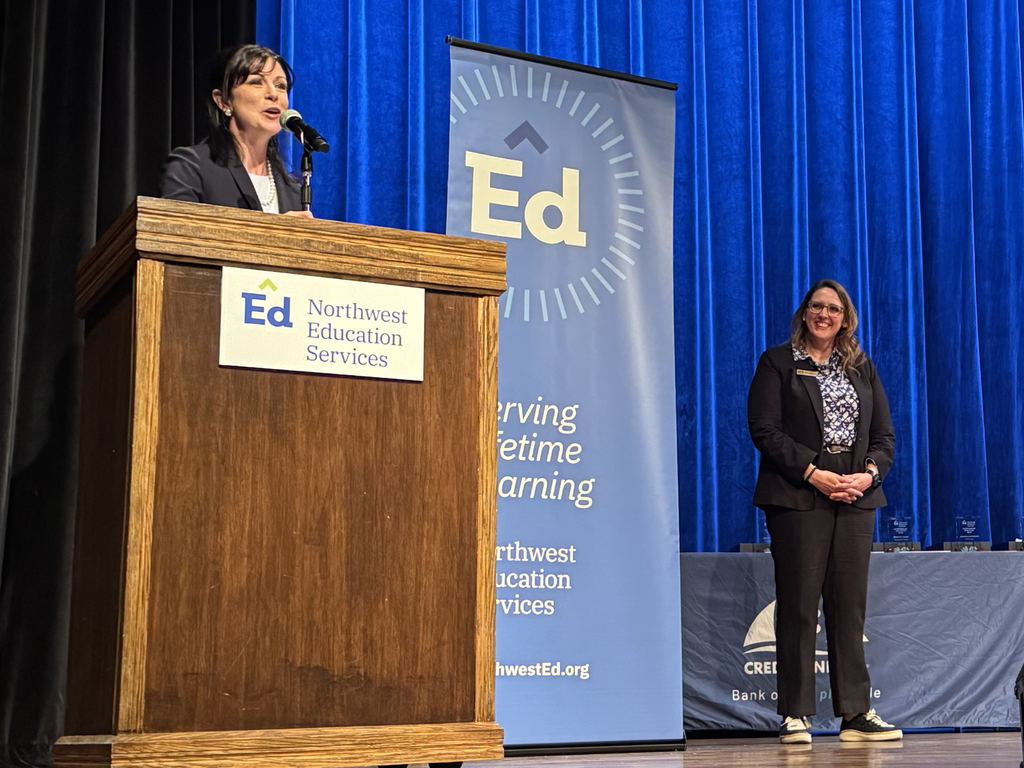 Dr. Tara Mager and Meghan Chenoweth on stage at the 2026 Outstanding Educator Awards. 
