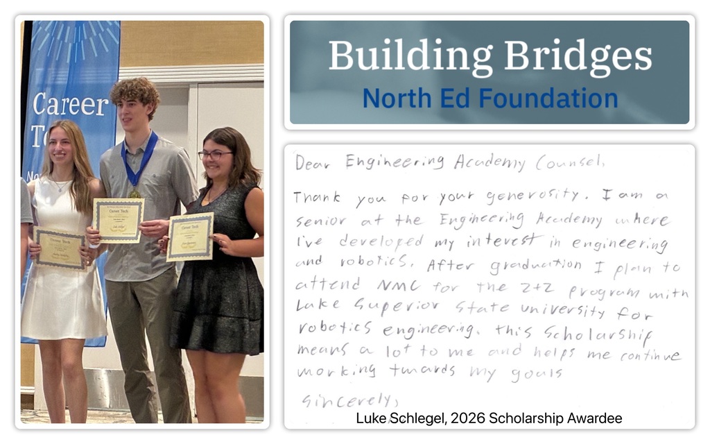 Photo collage of North Ed Foundation Engineering Academy Guidance Board Scholarship recipient Luke Schlegel. 