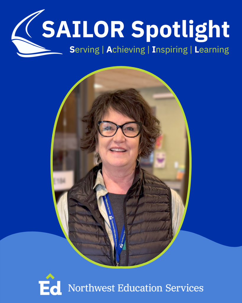 Promotional graphic for a "SAILOR Spotlight", featuring a stylized sailboat outline accompanies the title SAILOR Spotlight. The acronym SAIL stands for Serving | Achieving | Inspiring | Learning, a portrait of Mimi Kinney, and the Northwest Education Services logo.