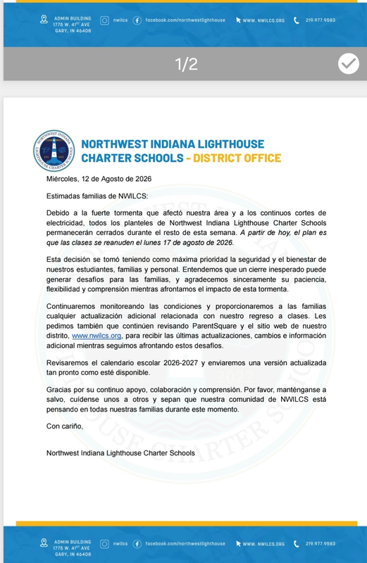Letter from NWILCS to families regarding school closure