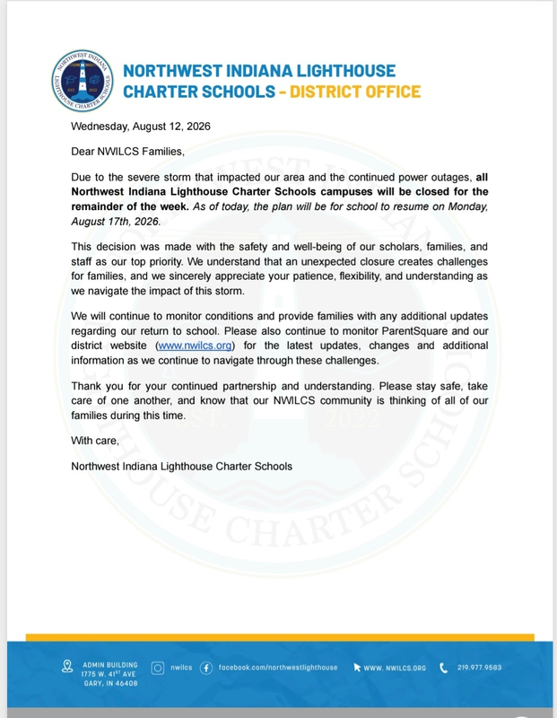 Letter from NWILCS to families regarding school closure