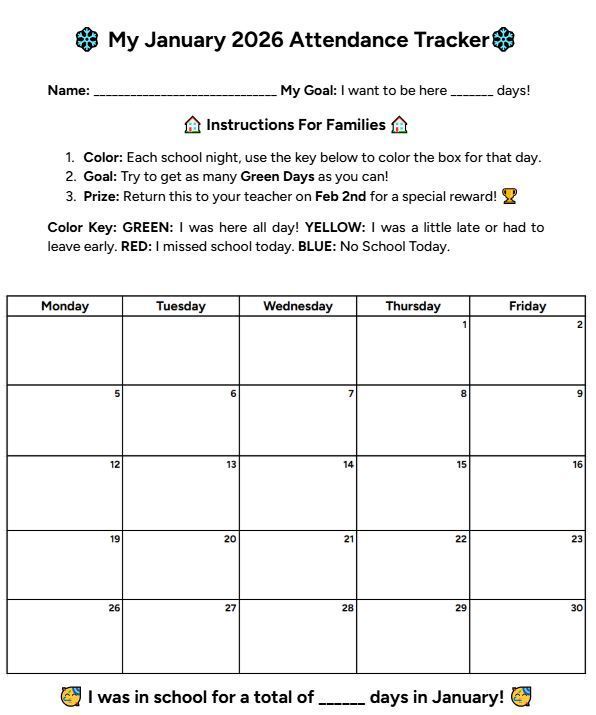 January attendance calendar