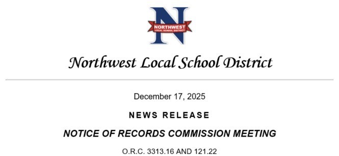 December 17, 2025  NEWS RELEASE NOTICE OF RECORDS COMMISSION MEETING O.R.C. 3313.16 AND 121.22 