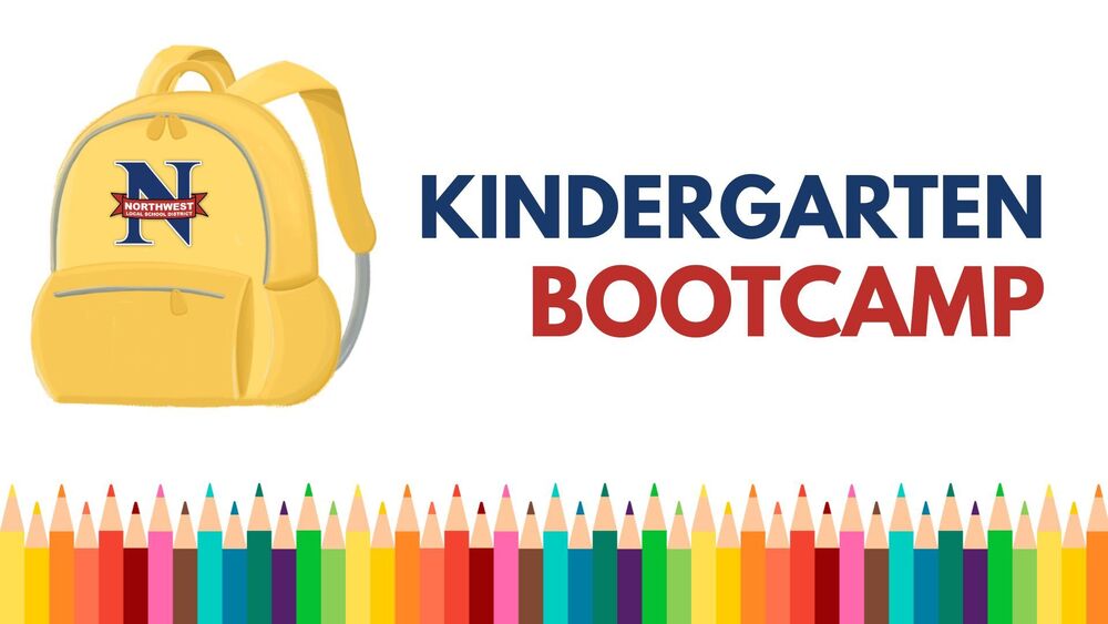 Image of a backpack and colored pencils with the text "Kindergarten Bootcamp"