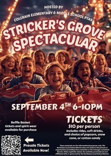 Students on a rollercoaster smiling. Advertising Stricker's Grove Spectacular.