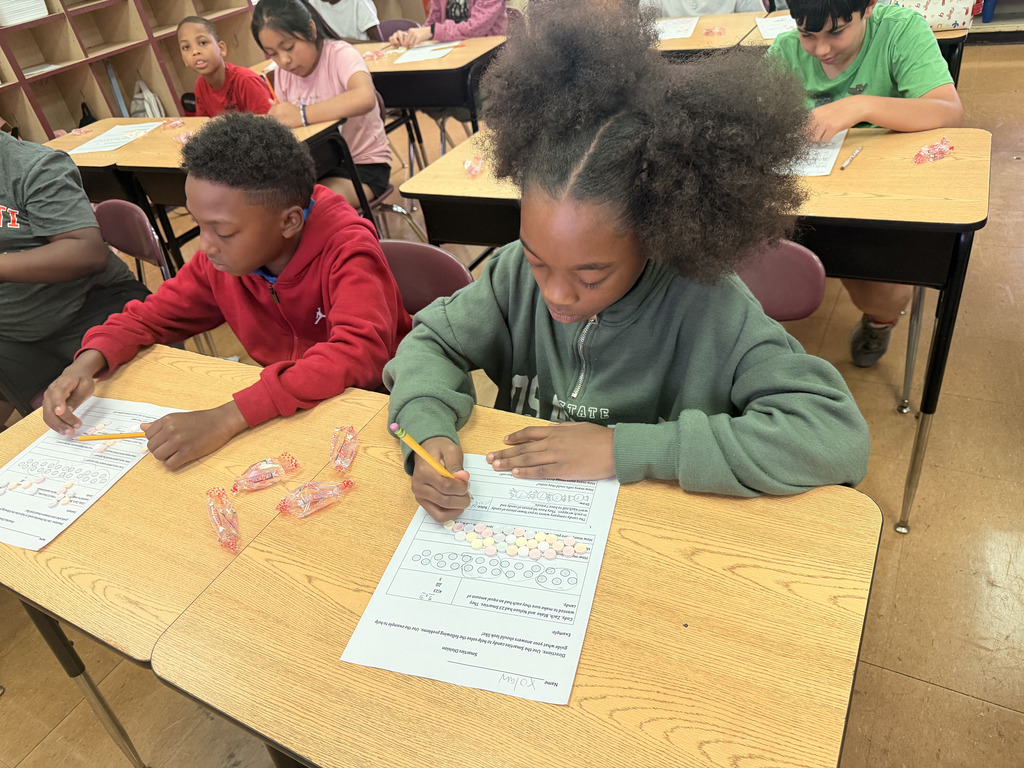 students using Smarties for a division equation