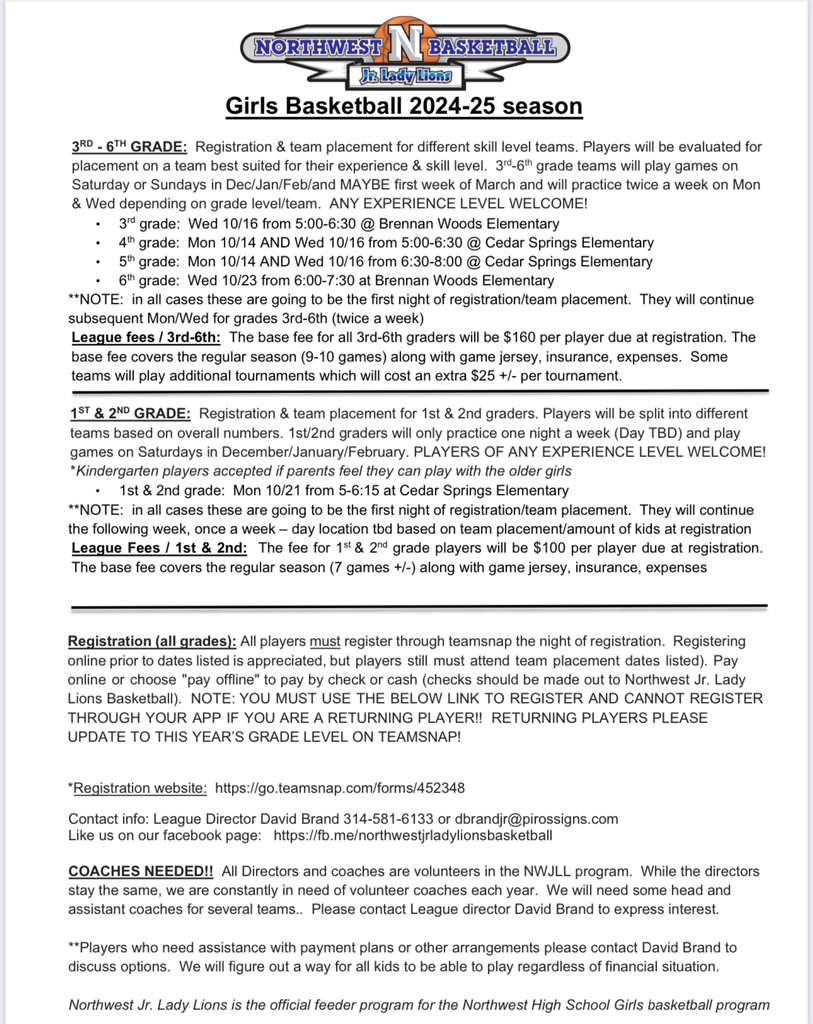 Jr. Lady Lions registration information.