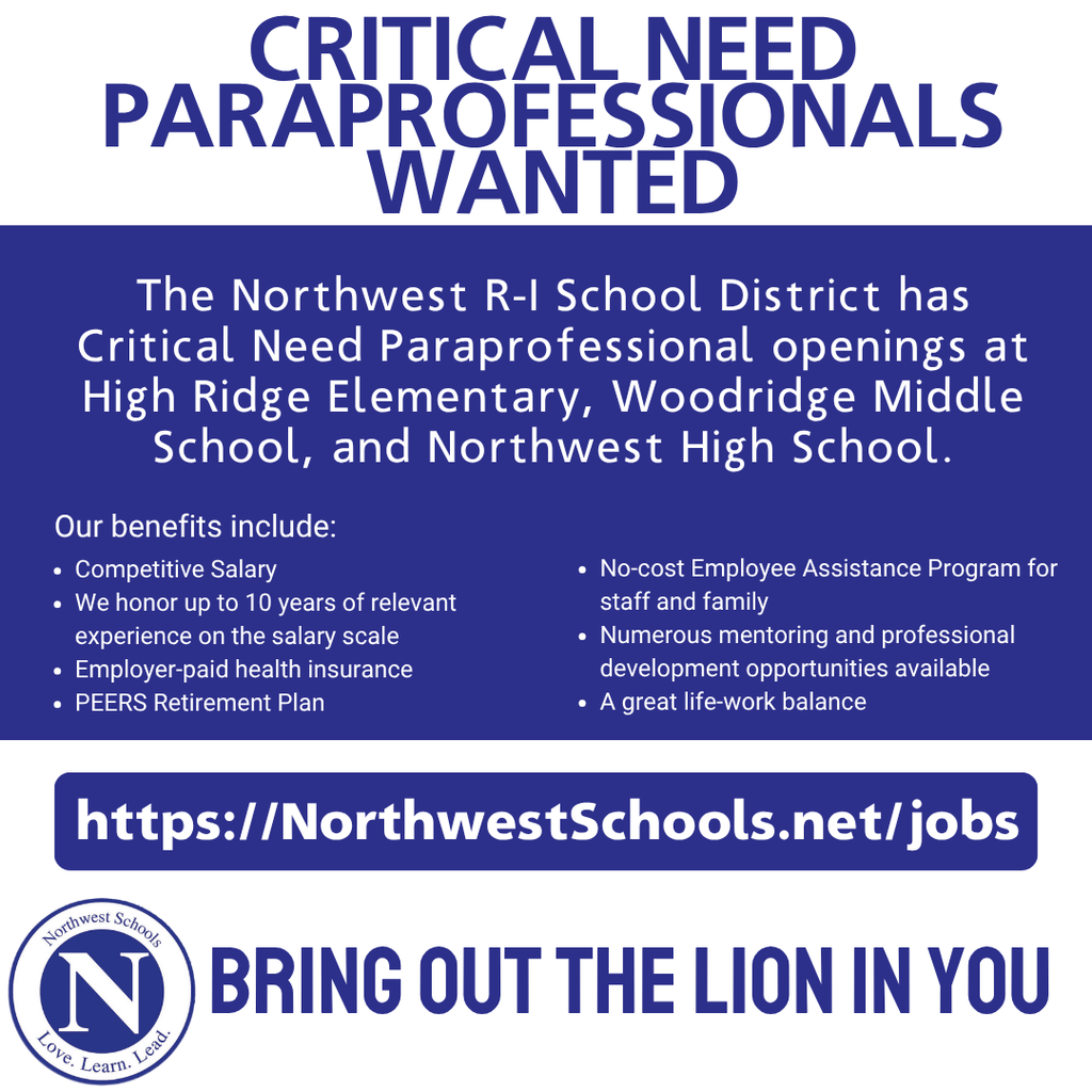 Critical Needs Professionals Needed. Apply online at https://northwestschools.net/jobs