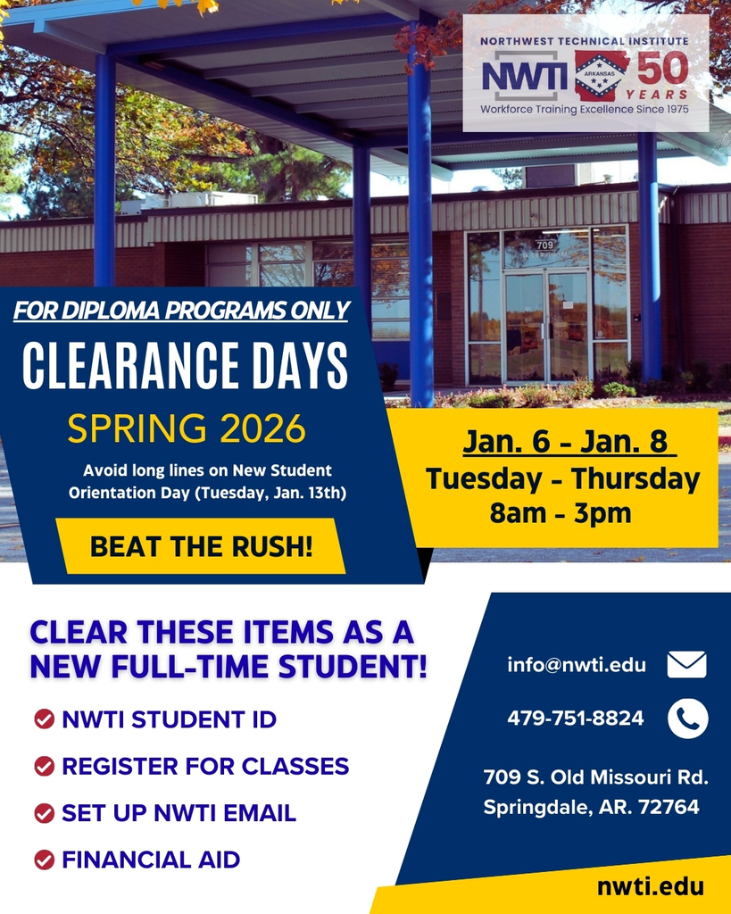 January 6 through January 8, 2026. NWTI clearance week. Come in early and register to beat long lines on orientation day.