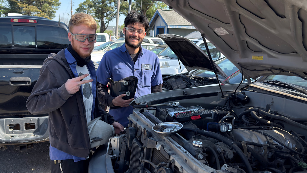 Automotive repair technology students with their projects. Thursday, April 9th.