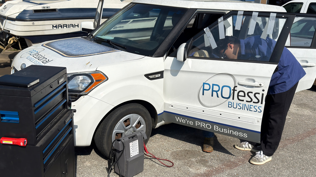 Automotive repair technology students with their projects. Thursday, April 9th.