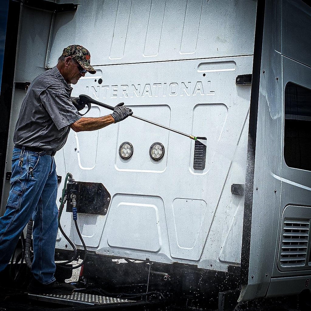 CDL instructor tim day washes a semi truck