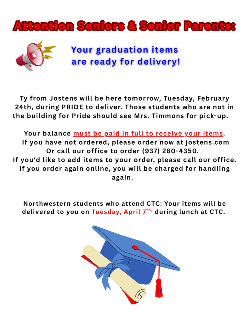 Seniors, graduation items will be available for pick up during Pride , tomorrow, Tuesday, February 24. See Mrs. Timmons with questions