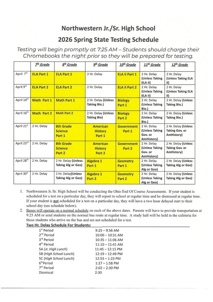 2026 State Testing Schedule