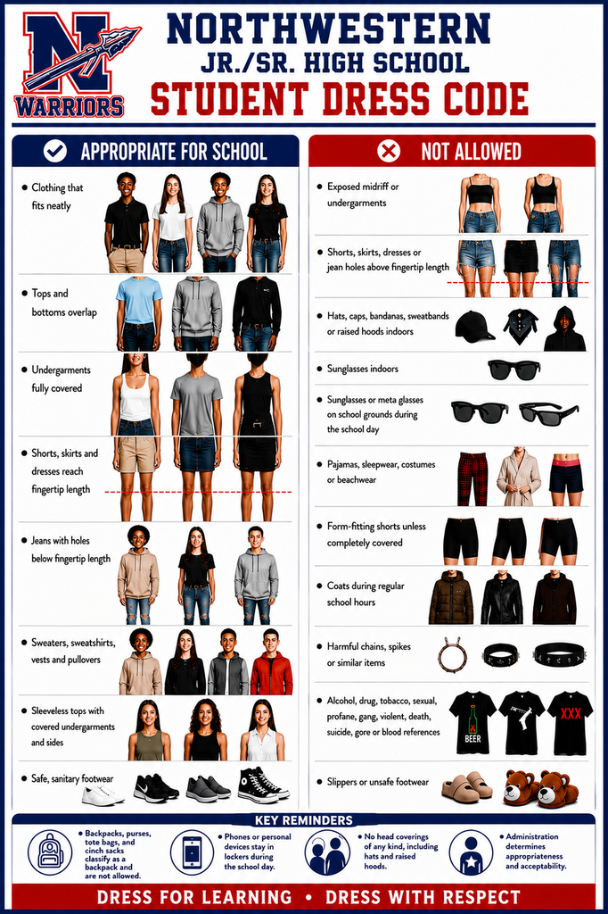 Northwestern Jr./Sr. High School Student Dress Code graphic. The graphic lists clothing and footwear that are appropriate for school, including neatly fitting clothing, overlapping tops and bottoms, fully covered undergarments, fingertip-length shorts, skirts and dresses, jeans with holes below fingertip length, sweaters and sweatshirts, appropriate sleeveless tops, and safe footwear. It also lists prohibited clothing and accessories, including exposed midriffs or undergarments, clothing above fingertip length, indoor head coverings, sunglasses, pajamas, costumes, beachwear, form-fitting shorts, coats during regular school hours, harmful chains or spikes, inappropriate references, and unsafe footwear. Key reminders address backpacks and bags, phones and personal devices, head coverings, and administrative discretion.