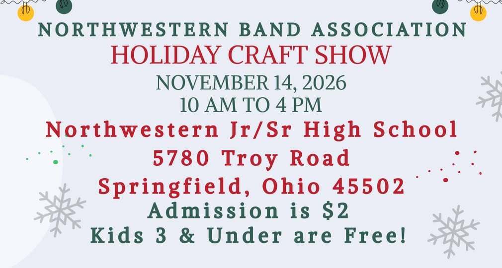 graphic image of the band association's holiday craft show on november 14th from 10am-4pm at the jr/sr high school