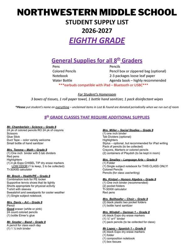 8th Supply List