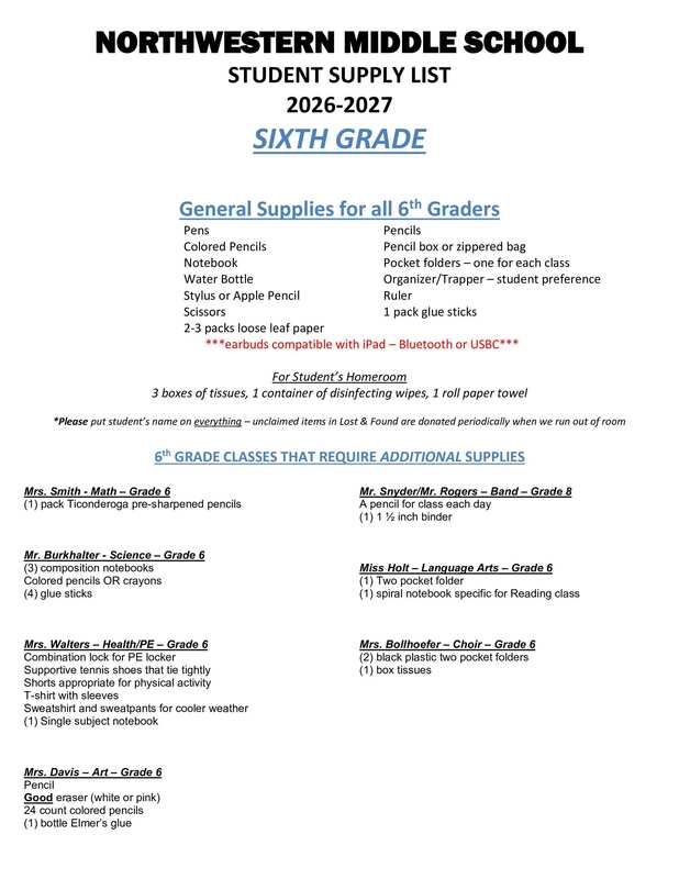 6th Supply List