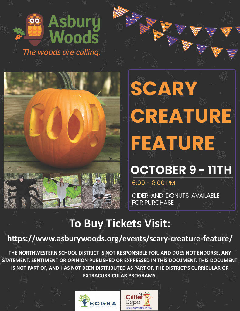 Asbury Woods Scary Creature Feature Oct 9-11th 6-8pm.
