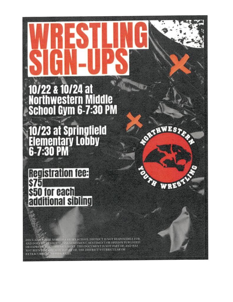 Youth wresting sign ups.  Springfield 10/23/25 from 6-7:30pm.