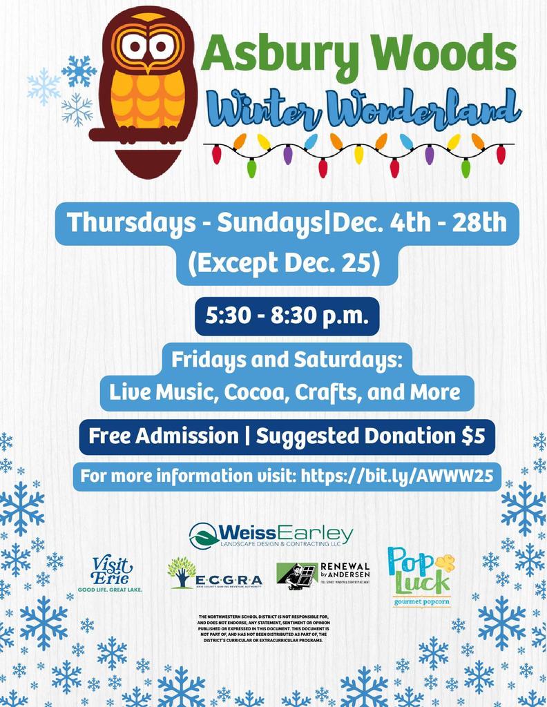 Winter Wonderland at Asbury Woods Thurs-Sun Dec 4-28th