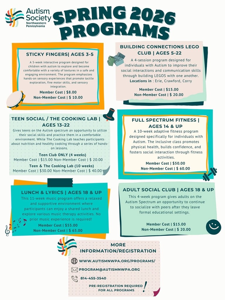Spring 2026 Programs with the Autism Society of Northwestern PA